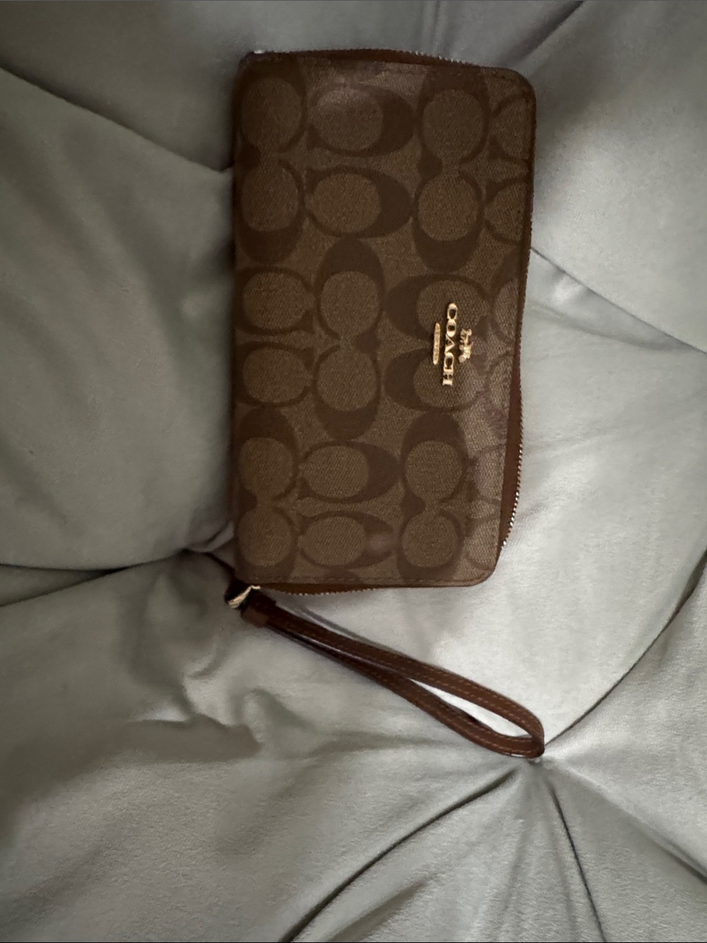 Coach Brown Logo Zip Wristlet with Gold Hardware